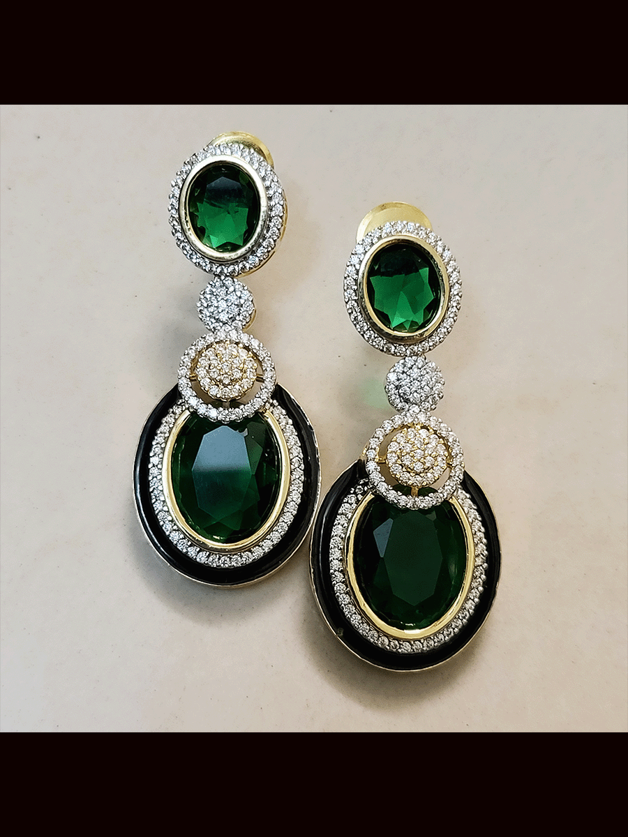 Oval stones zircon detailing black enamel gold finish earrings