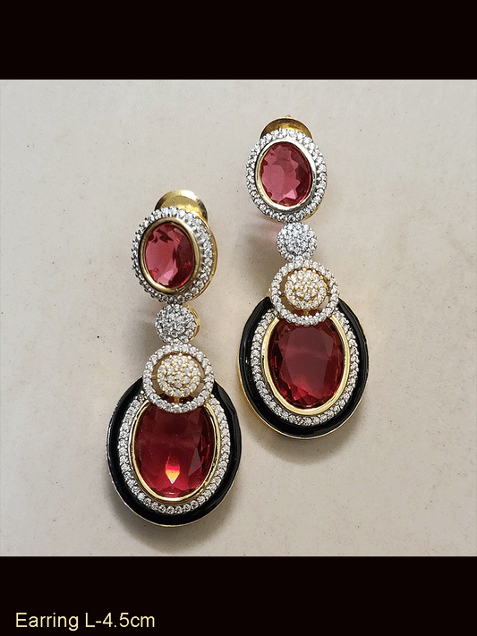 Oval stones zircon detailing black enamel gold finish earrings