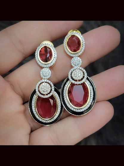 Oval stones zircon detailing black enamel gold finish earrings