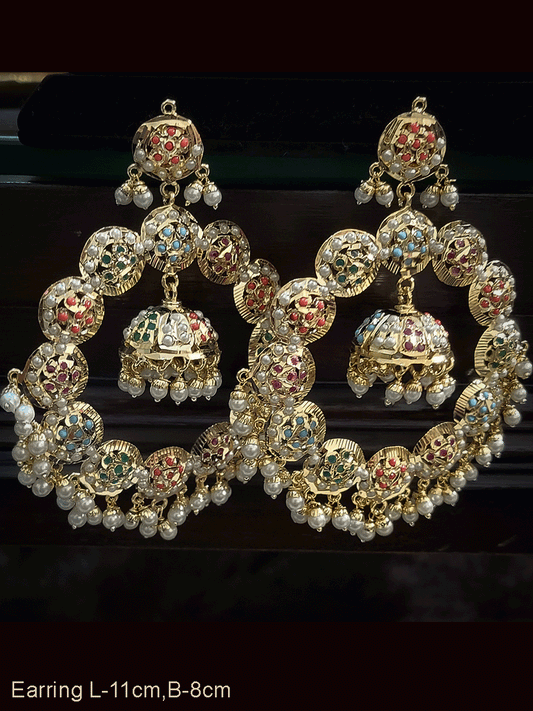 Bold 11cm long jadau chandbali earrings with jhoomki hanging in the center