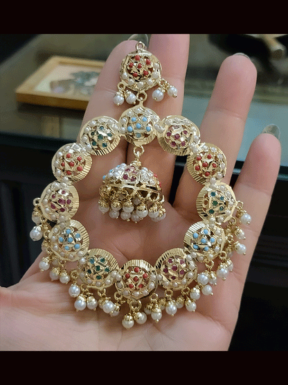 Bold 11cm long jadau chandbali earrings with jhoomki hanging in the center