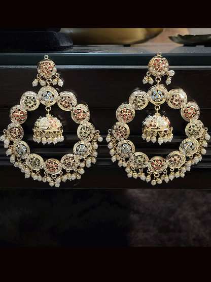 Bold 11cm long jadau chandbali earrings with jhoomki hanging in the center
