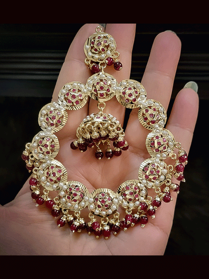 Bold 11cm long jadau chandbali earrings with jhoomki hanging in the center