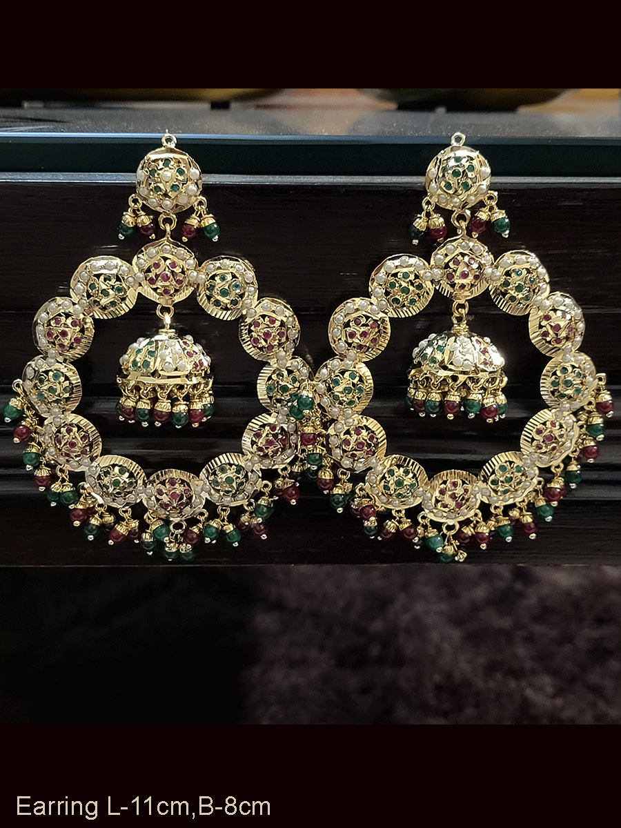 Bold 11cm long jadau chandbali earrings with jhoomki hanging in the center