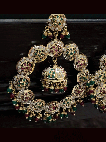 Bold 11cm long jadau chandbali earrings with jhoomki hanging in the center