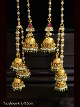 Load image into Gallery viewer, Paachi kundan 3.5cm long kashmiri jhoomki with three jhoomki hanging