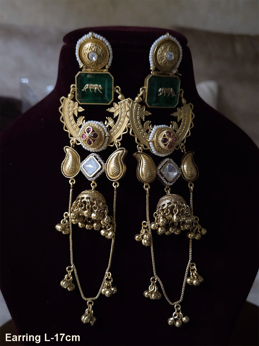 17cm long rectangular stone earrings with paisley design and jhoomki center and chain tassels