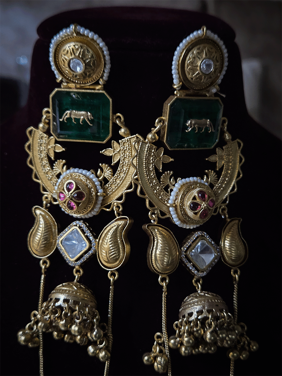 17cm long rectangular stone earrings with paisley design and jhoomki center and chain tassels