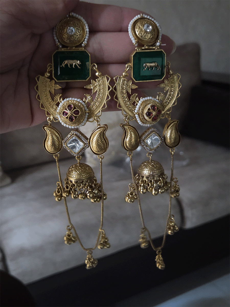 17cm long rectangular stone earrings with paisley design and jhoomki center and chain tassels