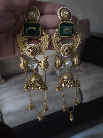 17cm long rectangular stone earrings with paisley design and jhoomki center and chain tassels