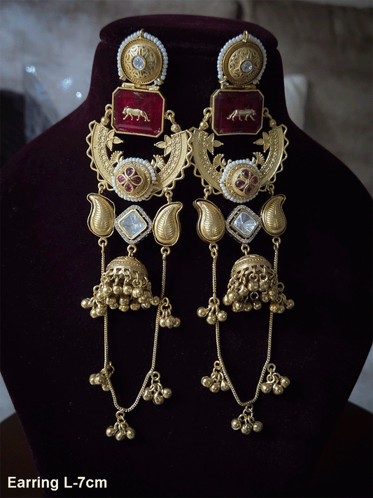 17cm long rectangular stone earrings with paisley design and jhoomki center and chain tassels