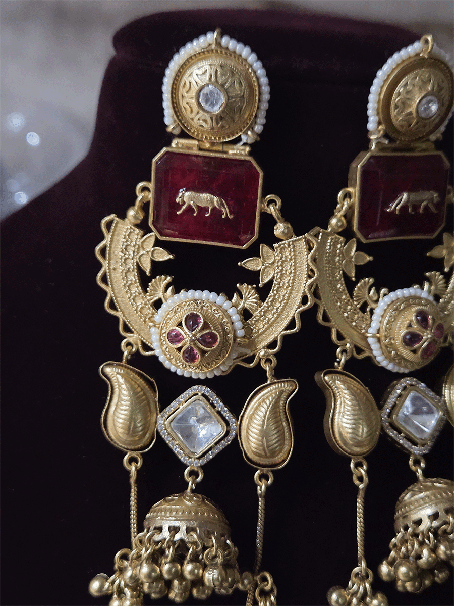 17cm long rectangular stone earrings with paisley design and jhoomki center and chain tassels