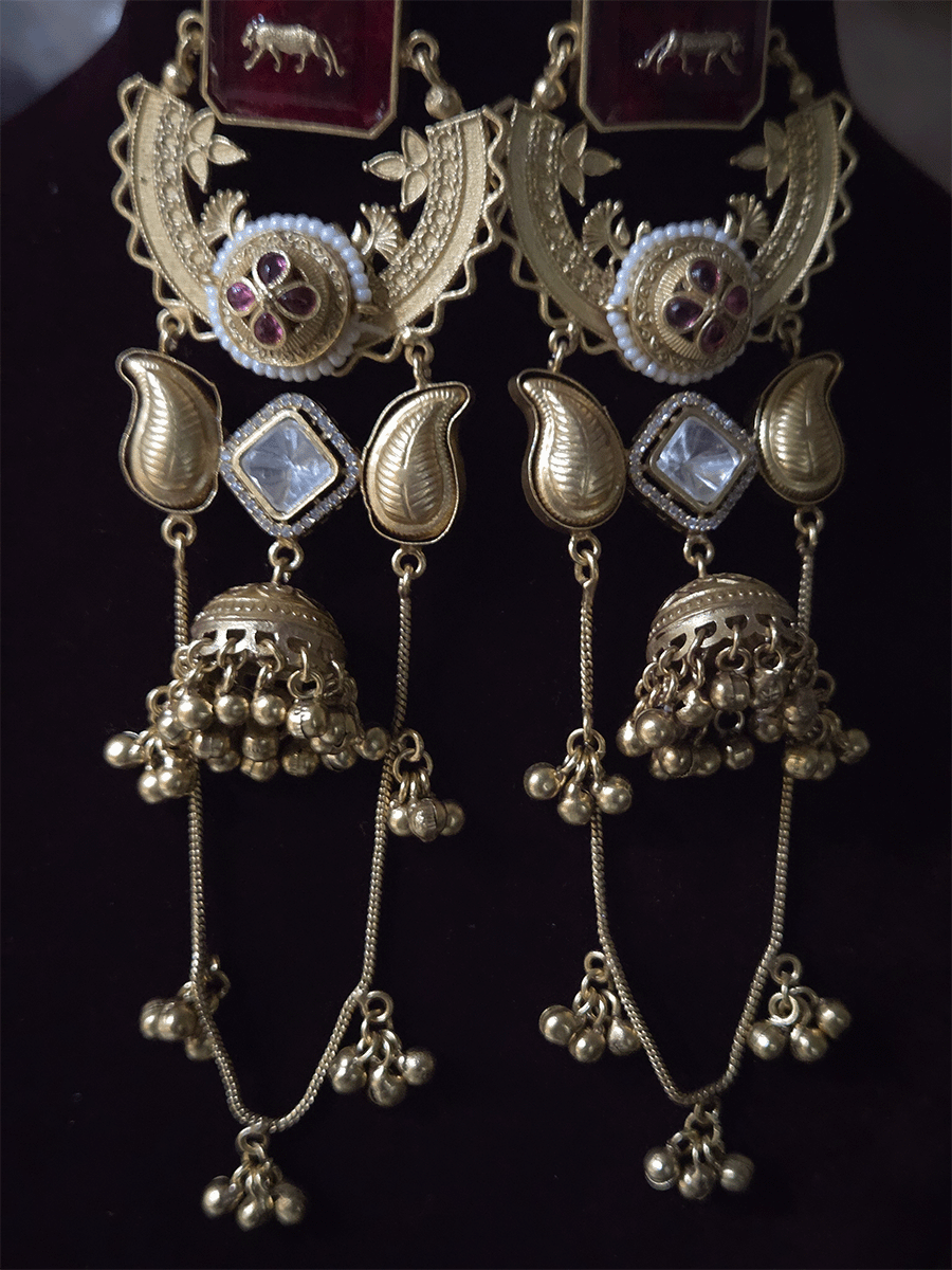 17cm long rectangular stone earrings with paisley design and jhoomki center and chain tassels