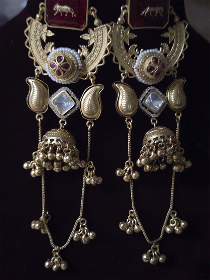 17cm long rectangular stone earrings with paisley design and jhoomki center and chain tassels