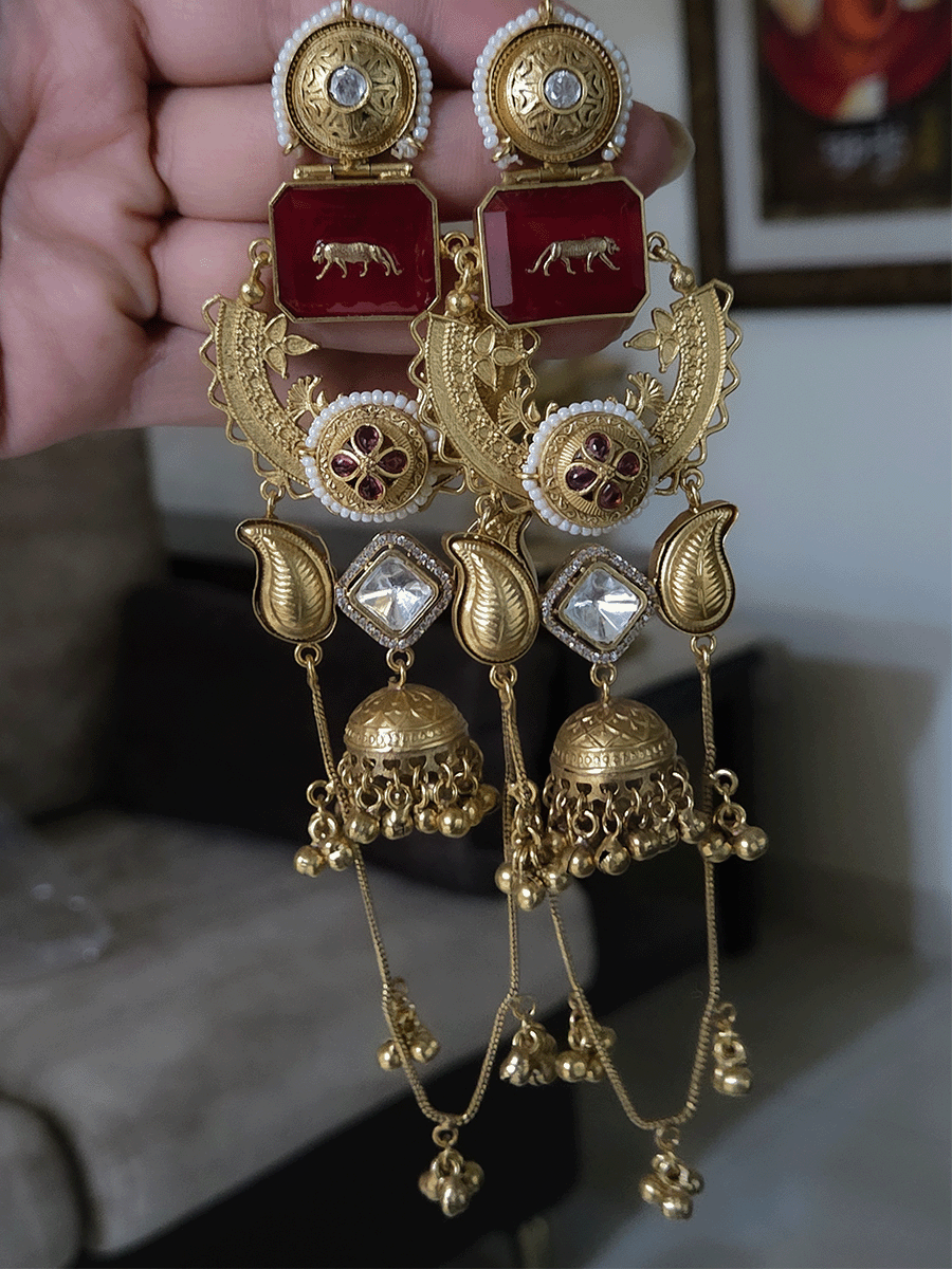 17cm long rectangular stone earrings with paisley design and jhoomki center and chain tassels