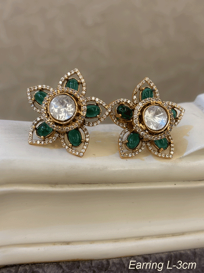 3cm flower design zircon studded kundan center coloured stones studs