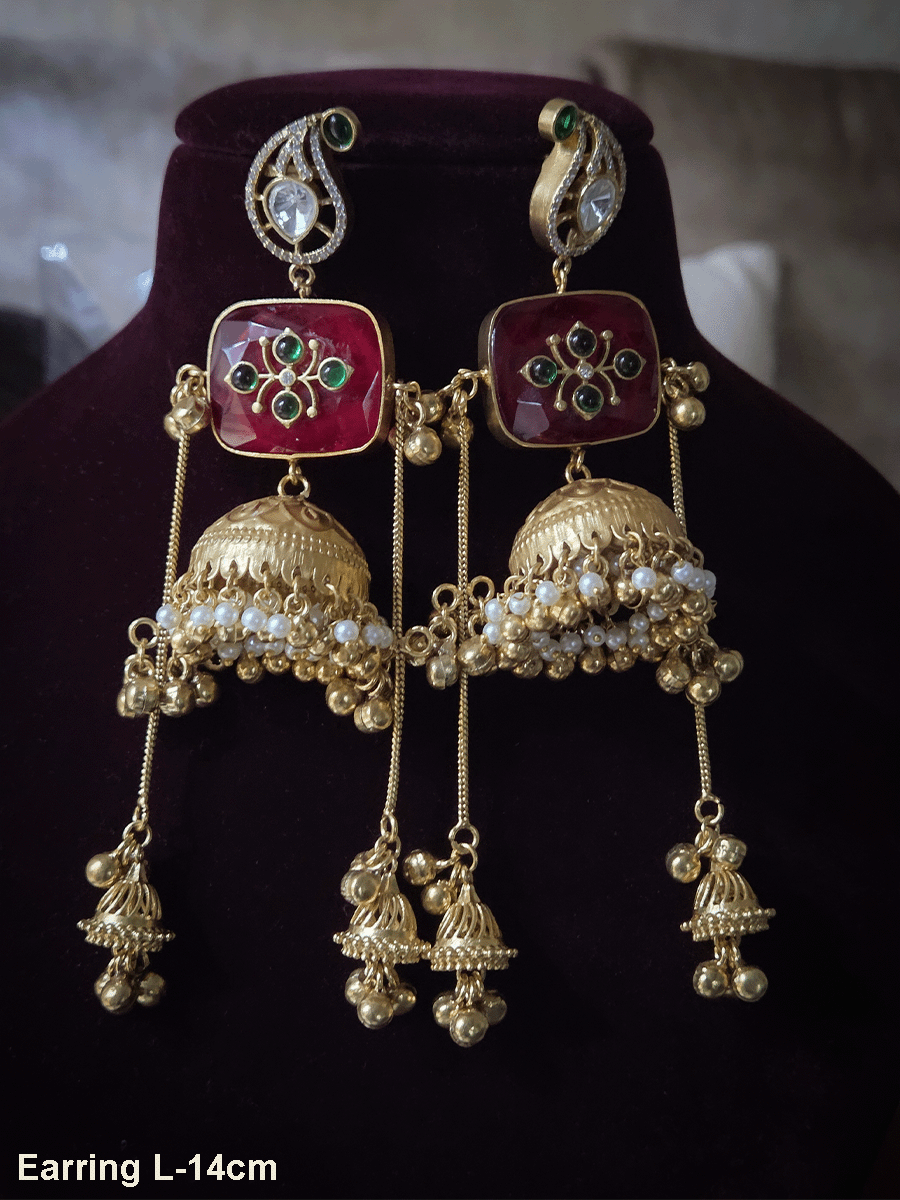 14cm long chain tassels with ghunghru hangings rectangular coloured stone inlay work jhoomkies