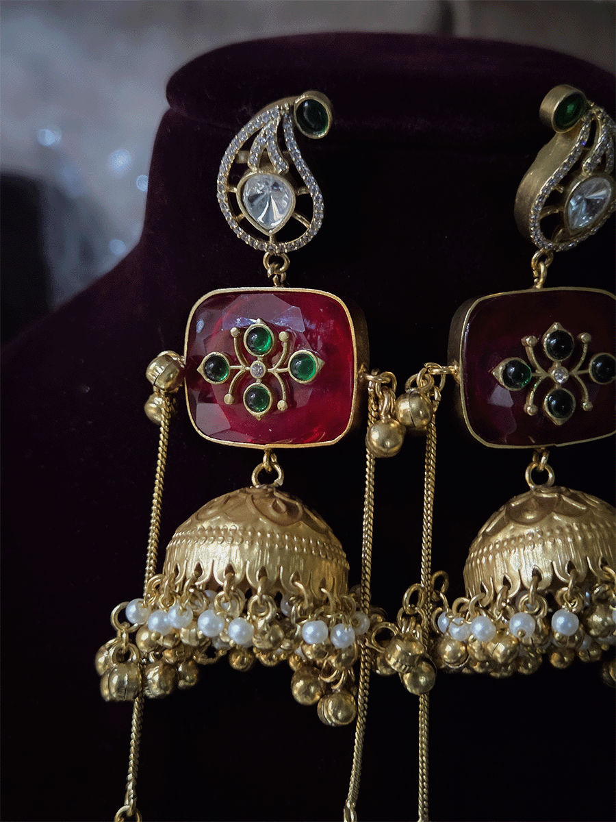 14cm long chain tassels with ghunghru hangings rectangular coloured stone inlay work jhoomkies