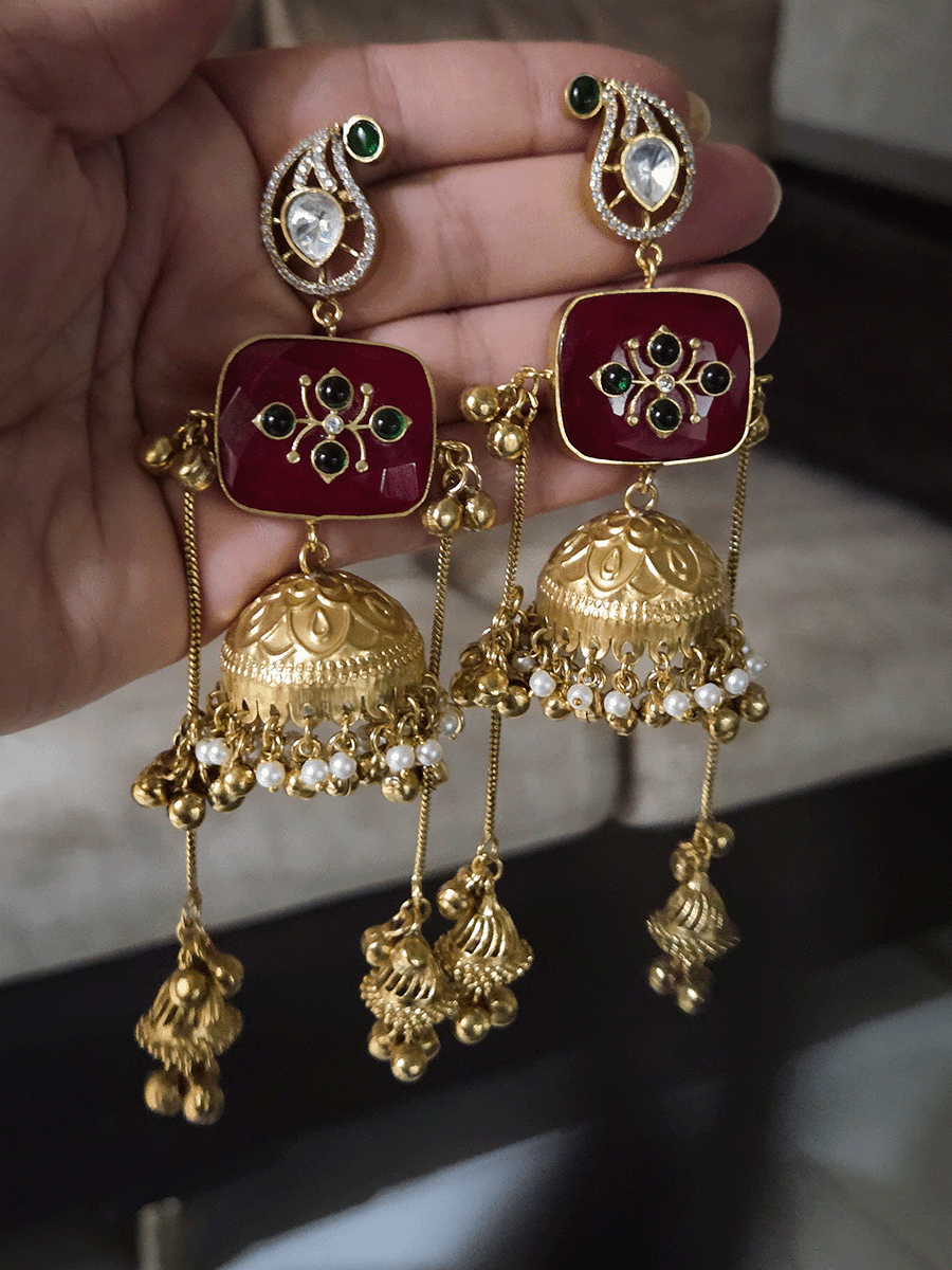 14cm long chain tassels with ghunghru hangings rectangular coloured stone inlay work jhoomkies