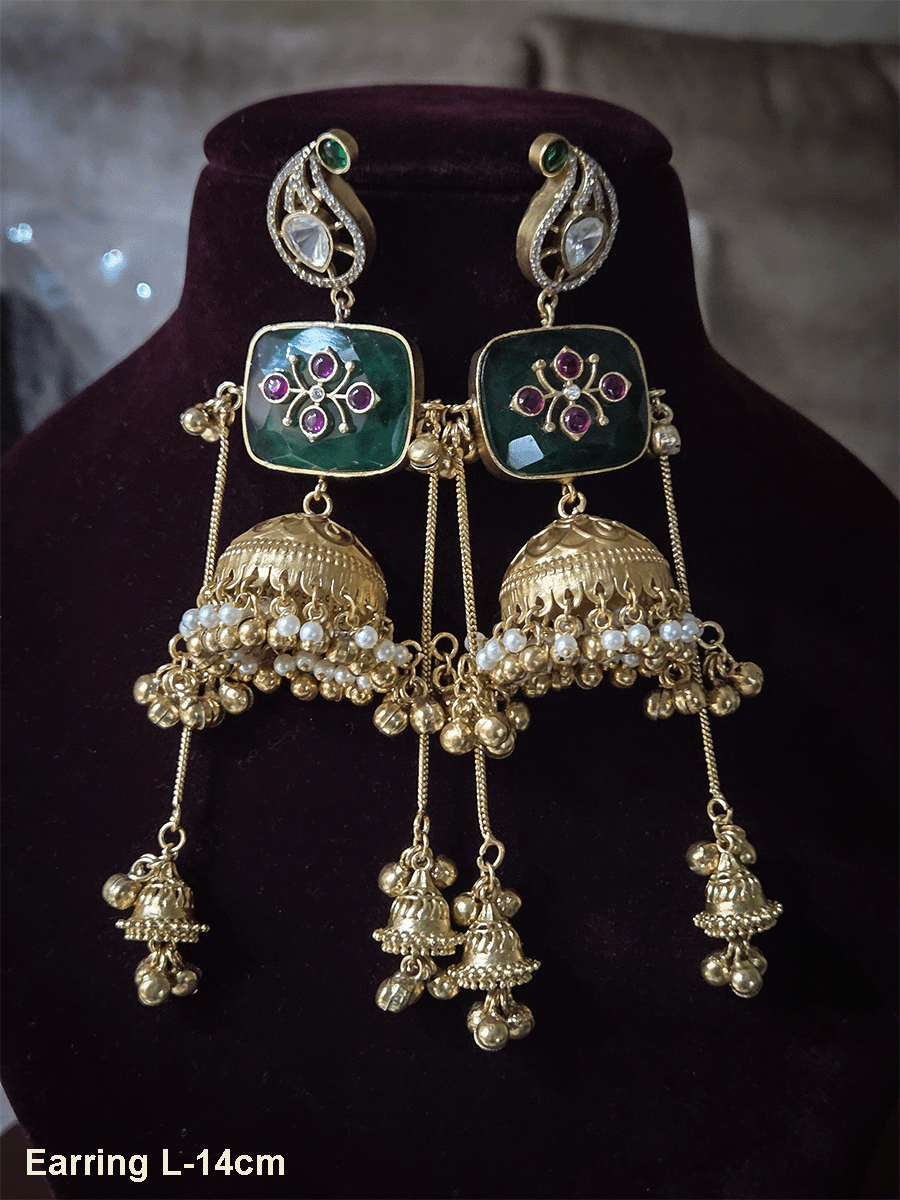 14cm long chain tassels with ghunghru hangings rectangular coloured stone inlay work jhoomkies