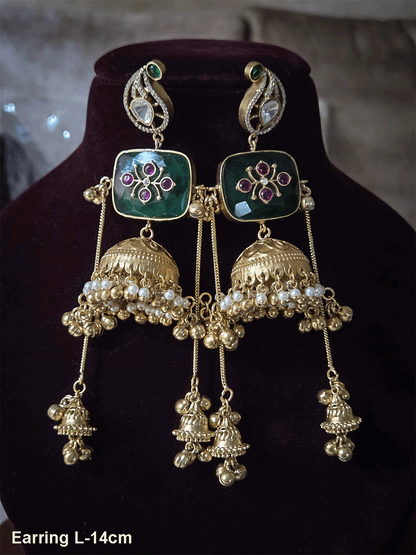 14cm long chain tassels with ghunghru hangings rectangular coloured stone inlay work jhoomkies