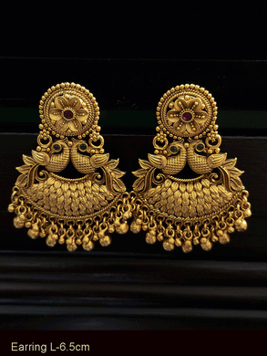 Circular flower top with peacock in between earrings with ghunghru hangings