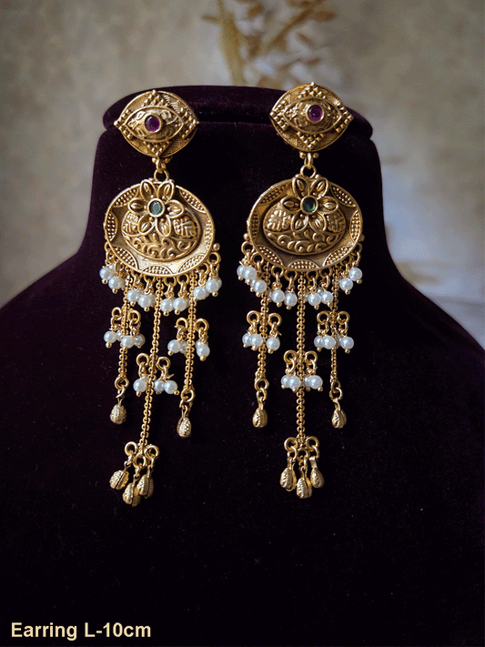 Green stone flower in oval design chain tassels with pearl hangings earrings