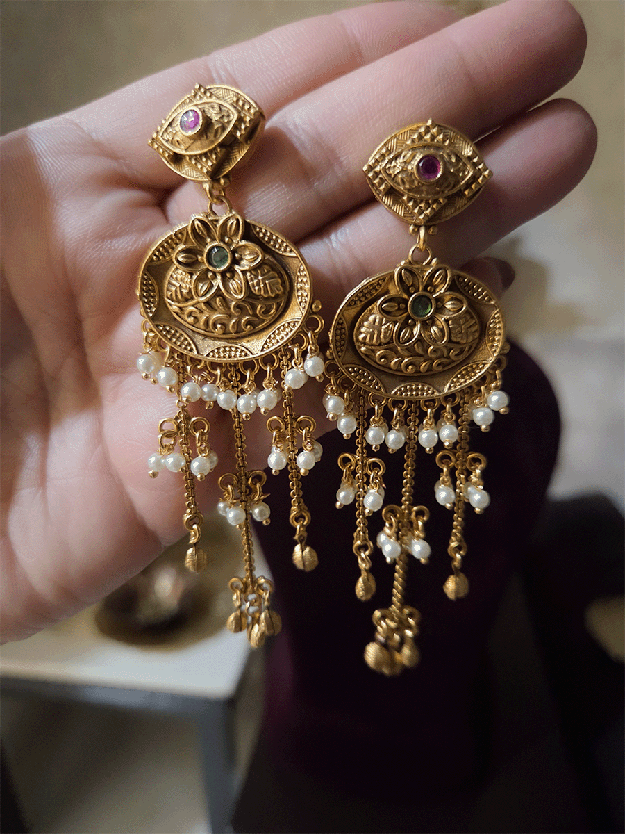 Green stone flower in oval design chain tassels with pearl hangings earrings