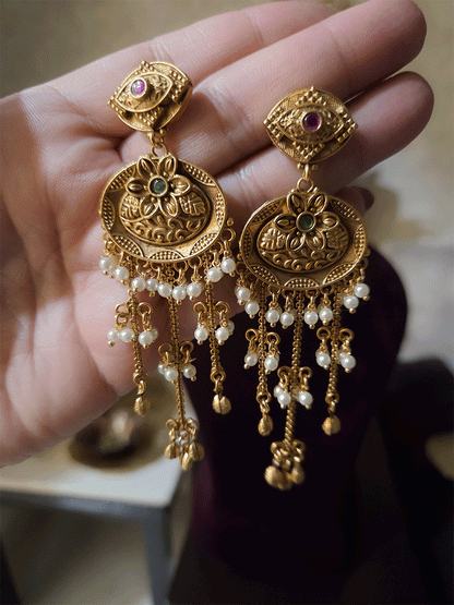 Green stone flower in oval design chain tassels with pearl hangings earrings