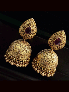 Self design domb with leaf design ruby stone top jhoomki