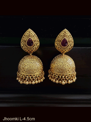 Self design domb with leaf design ruby stone top jhoomki