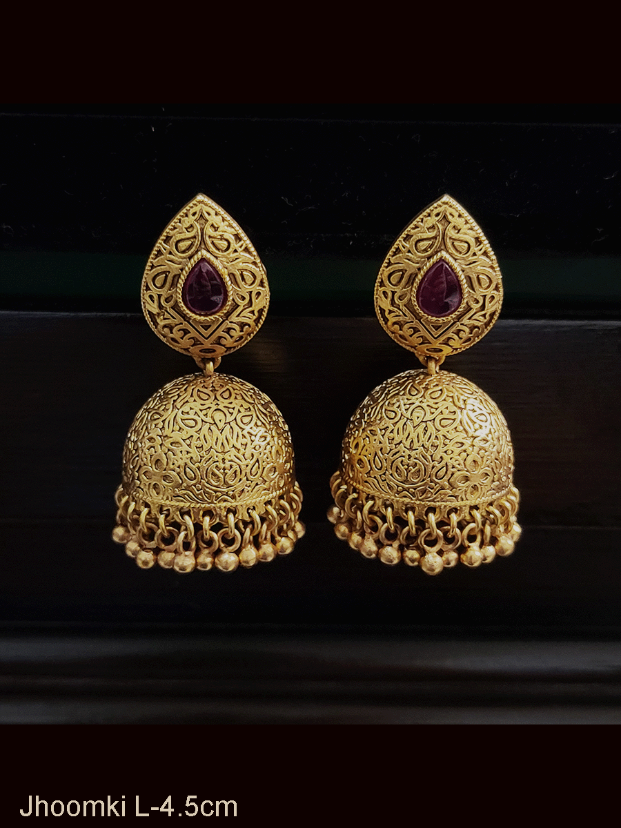 Self design domb with leaf design ruby stone top jhoomki