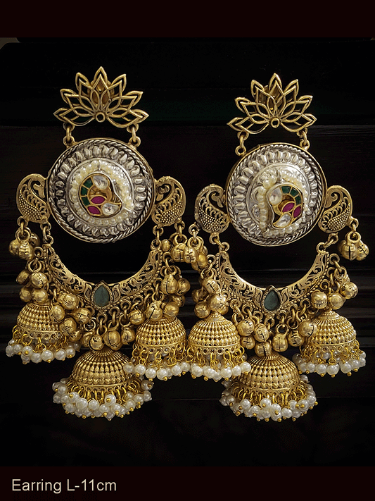 11cm long white and gold finish three jhoomki earrings with paachi kundan tukdi in the center (weight-46gm single earring)