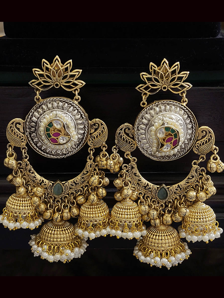 11cm long white and gold finish three jhoomki earrings with paachi kundan tukdi in the center (weight-46gm single earring)