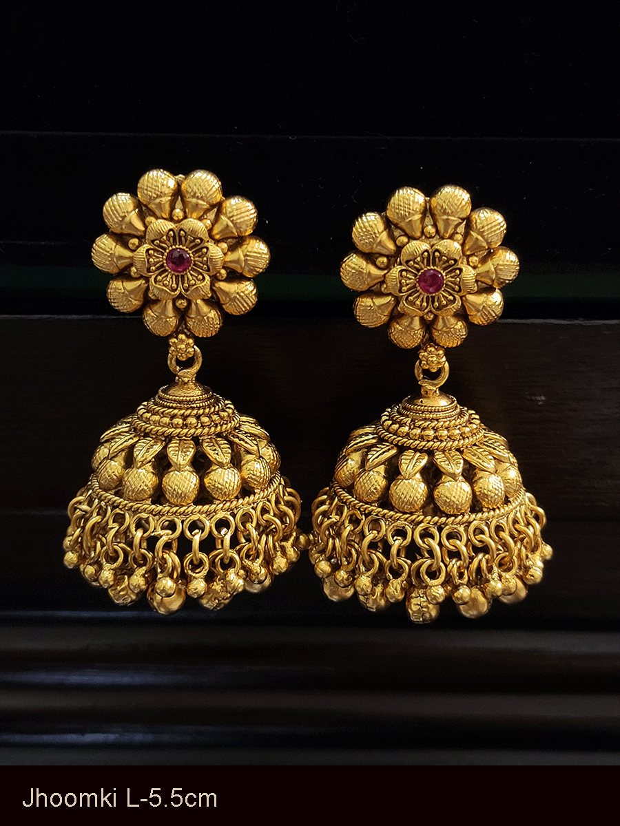 Flower top ruby stone jhoomki with leaf design in domb