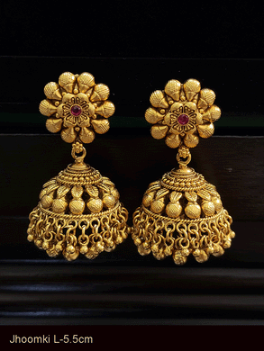 Flower top ruby stone jhoomki with leaf design in domb