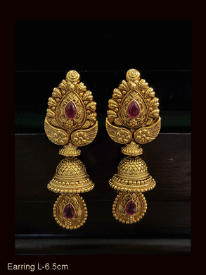 Leaf top with intricate self design ruby stone jhoomki