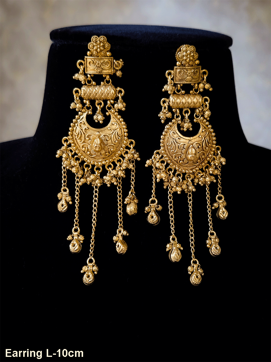 Flower top five chain tassels with ghunghru drops 10cm long earrings