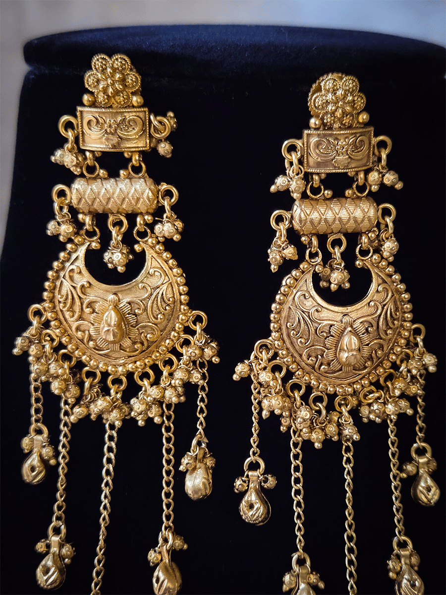 Flower top five chain tassels with ghunghru drops 10cm long earrings