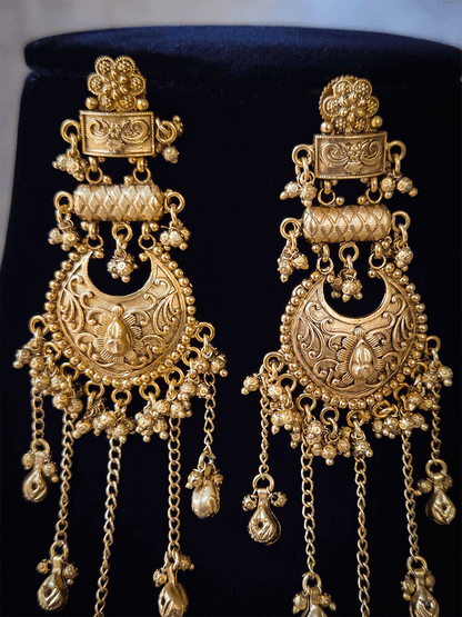 Flower top five chain tassels with ghunghru drops 10cm long earrings