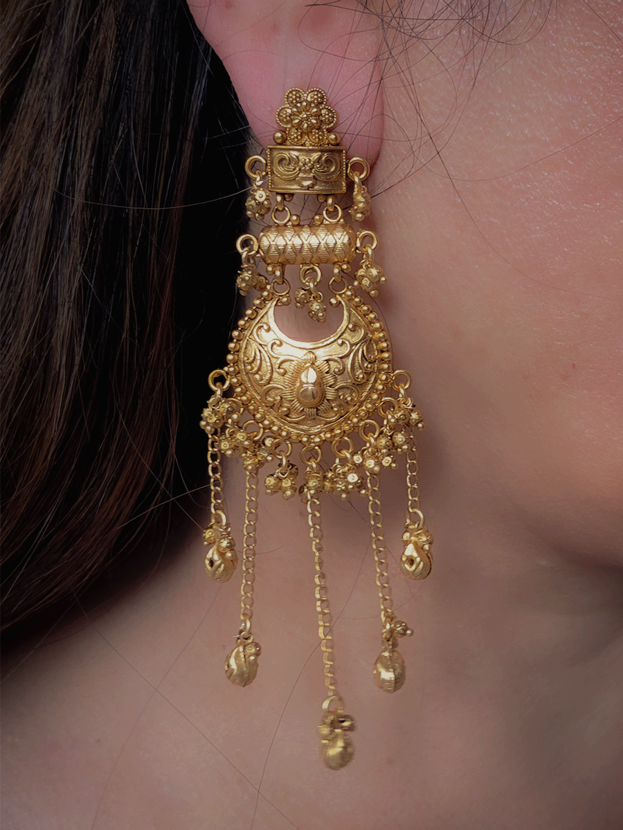 Flower top five chain tassels with ghunghru drops 10cm long earrings