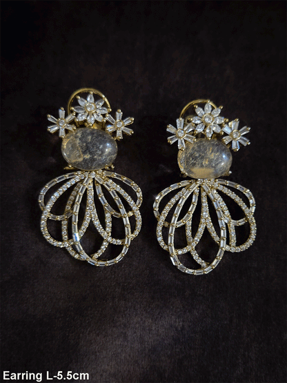 Three Baguette flower top earrings with oval coloured stones and loop design