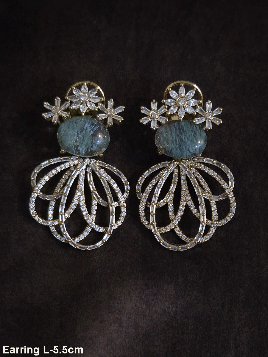 Three Baguette flower top earrings with oval coloured stones and loop design