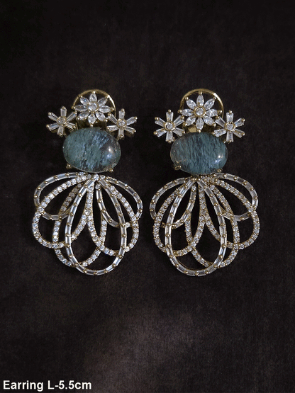 Three Baguette flower top earrings with oval coloured stones and loop design