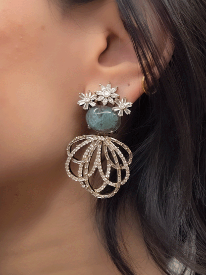 Three Baguette flower top earrings with oval coloured stones and loop design