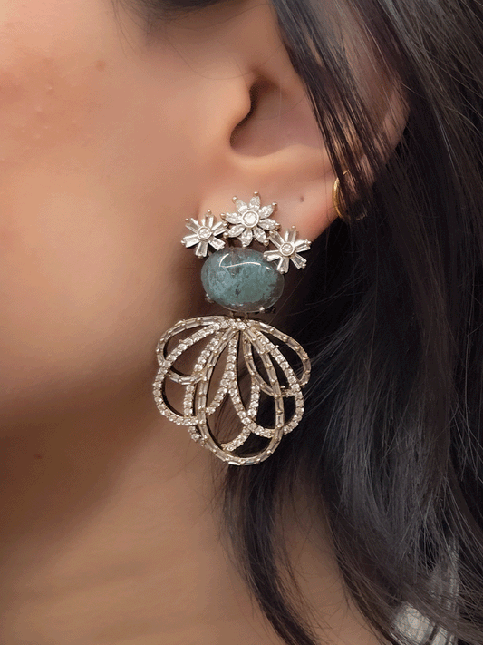 Three Baguette flower top earrings with oval coloured stones and loop design