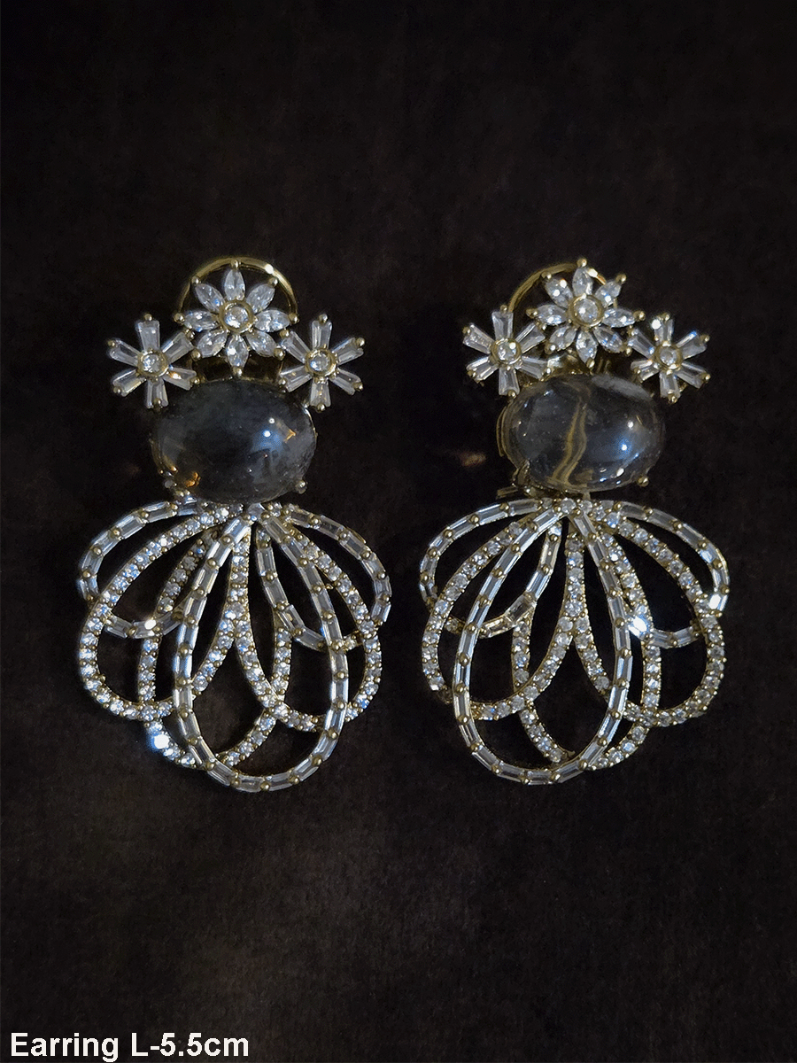 Three Baguette flower top earrings with oval coloured stones and loop design