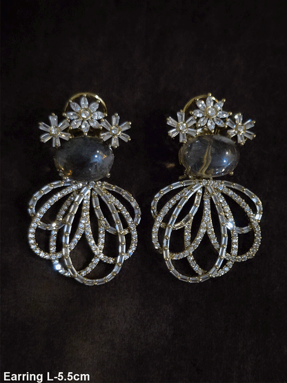 Three Baguette flower top earrings with oval coloured stones and loop design