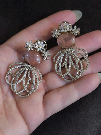 Three Baguette flower top earrings with oval coloured stones and loop design
