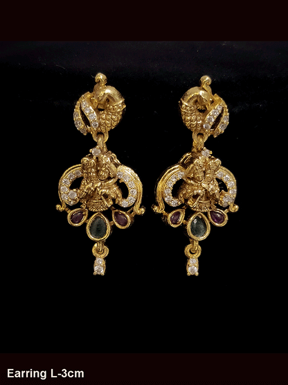 Peacock top 3cm long Radha Krishna earrings with ruby and green stones